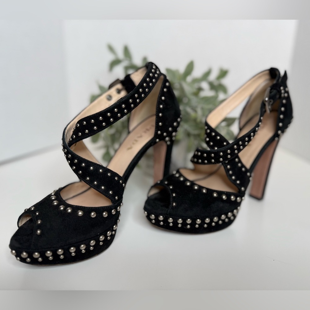 Prada Black Suede Studded Cross Strap Platform Pumps Size 35 Luxury Italian Glam - Picture 3 of 17